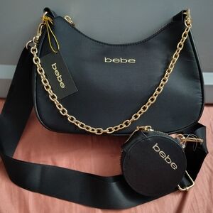 Bebe Elegant Black Shoulder Bag with Gold Accents